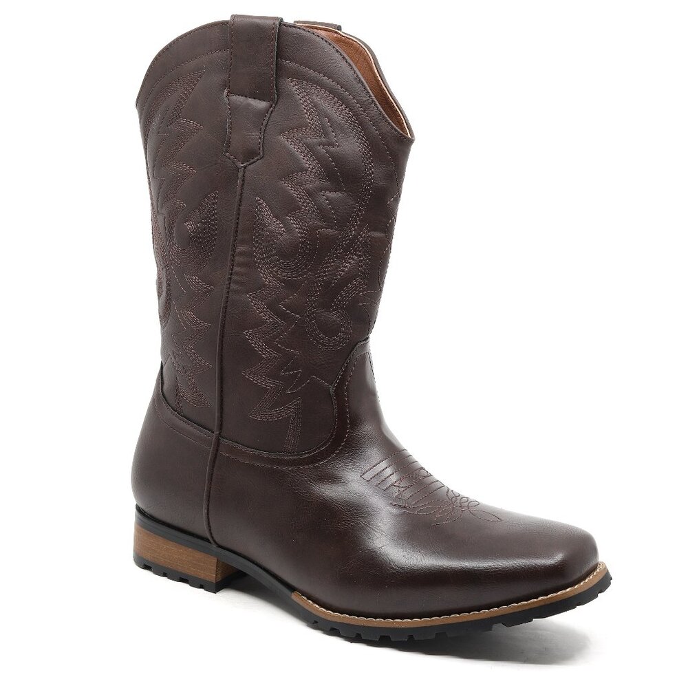 Dark Brown Men's Cowboy Western Embroidered Square Toe Boots